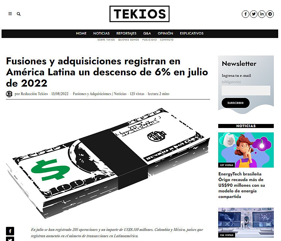 Fusiones y adquisiciones registran en Amrica Latina un descenso de 6% en julio de 2022